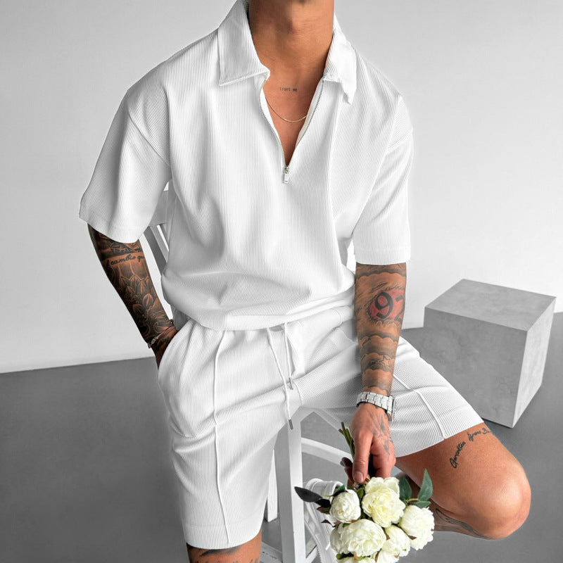 Summer Men's Suits New Zipper Polo Casual Short Sleeve Drawstring Shorts Men's Set