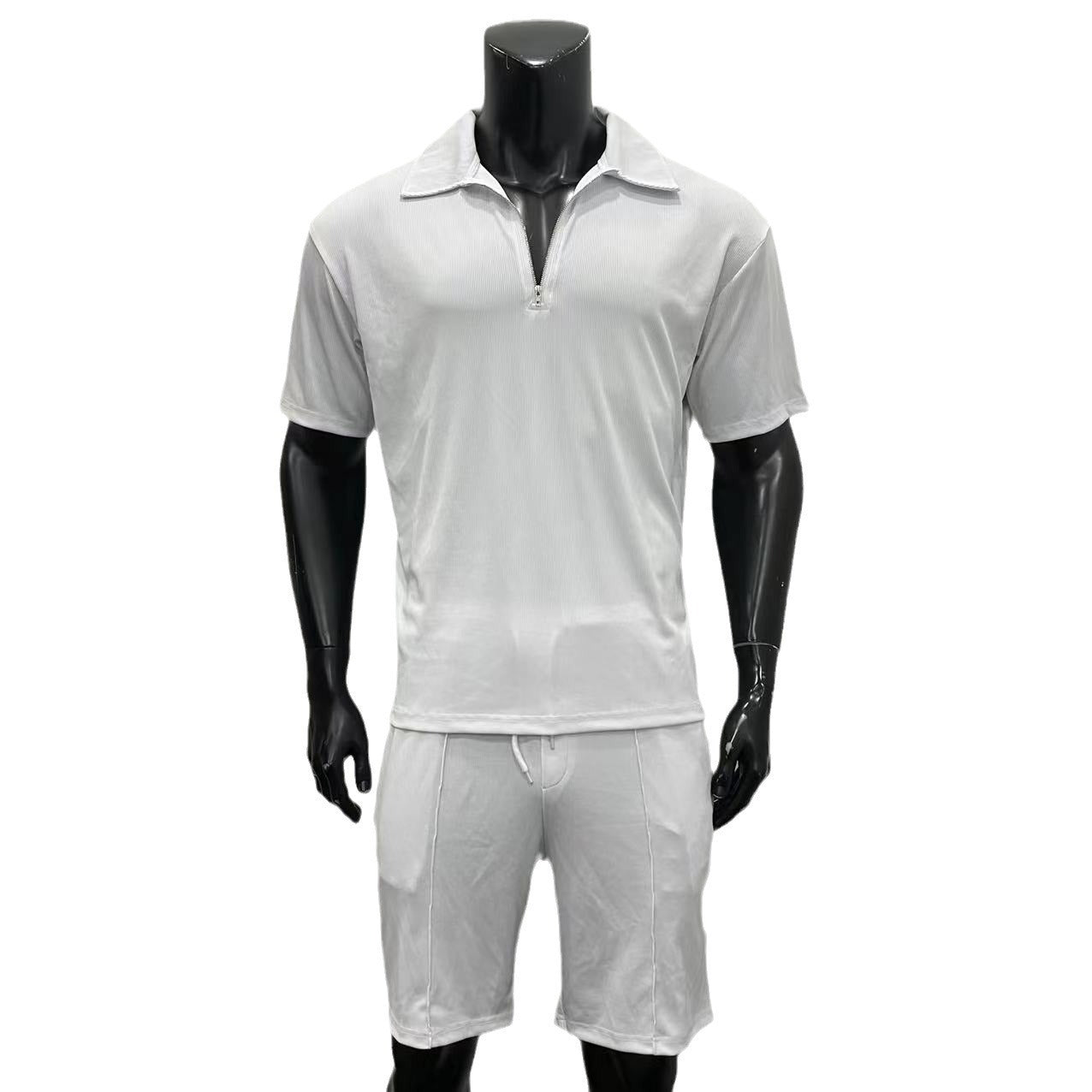 Summer Men's Suits New Zipper Polo Casual Short Sleeve Drawstring Shorts Men's Set