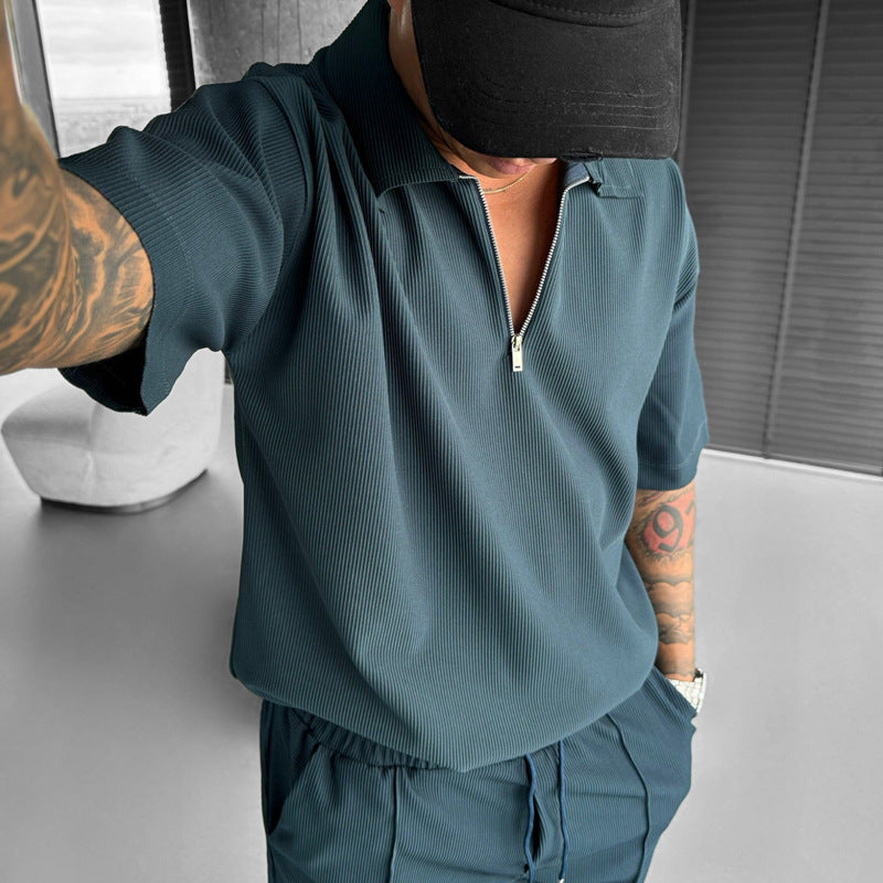 Summer Men's Suits New Zipper Polo Casual Short Sleeve Drawstring Shorts Men's Set