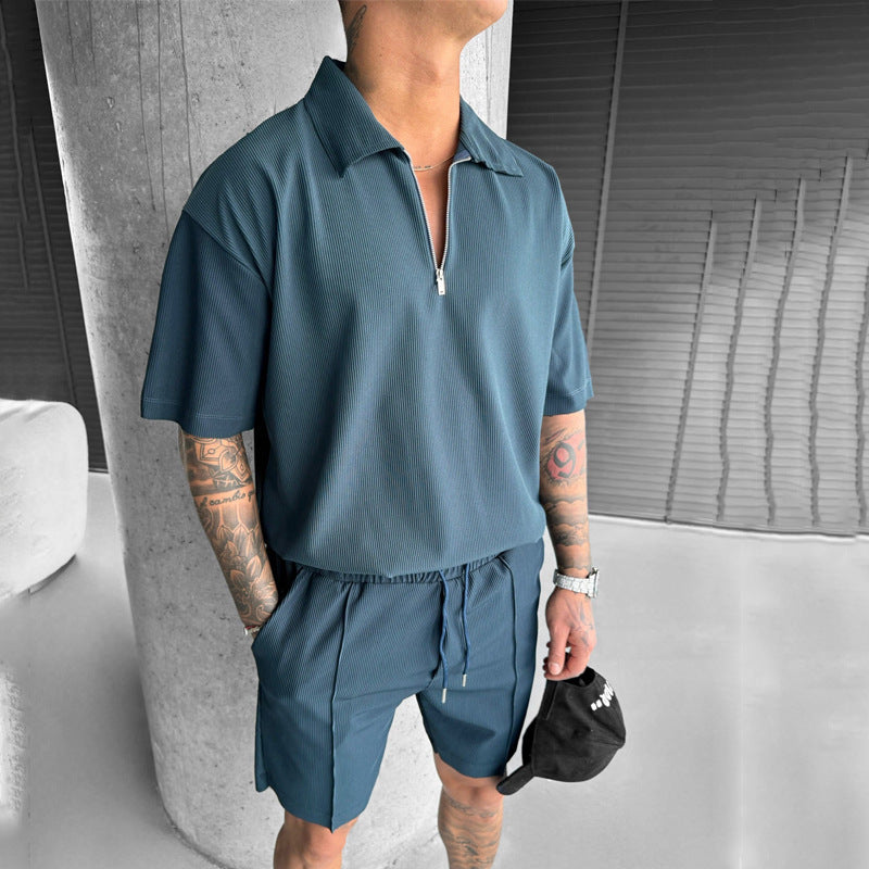 Summer Men's Suits New Zipper Polo Casual Short Sleeve Drawstring Shorts Men's Set