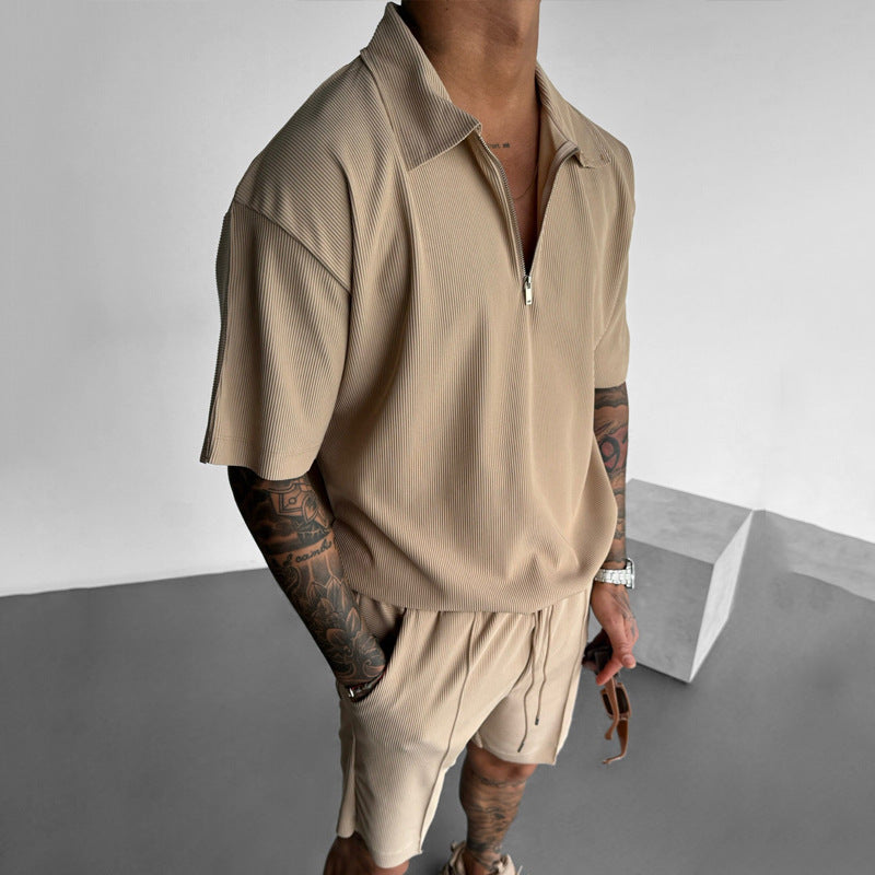 Summer Men's Suits New Zipper Polo Casual Short Sleeve Drawstring Shorts Men's Set