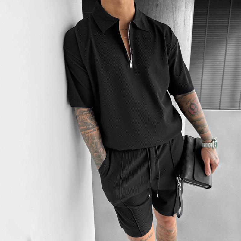 Summer Men's Suits New Zipper Polo Casual Short Sleeve Drawstring Shorts Men's Set